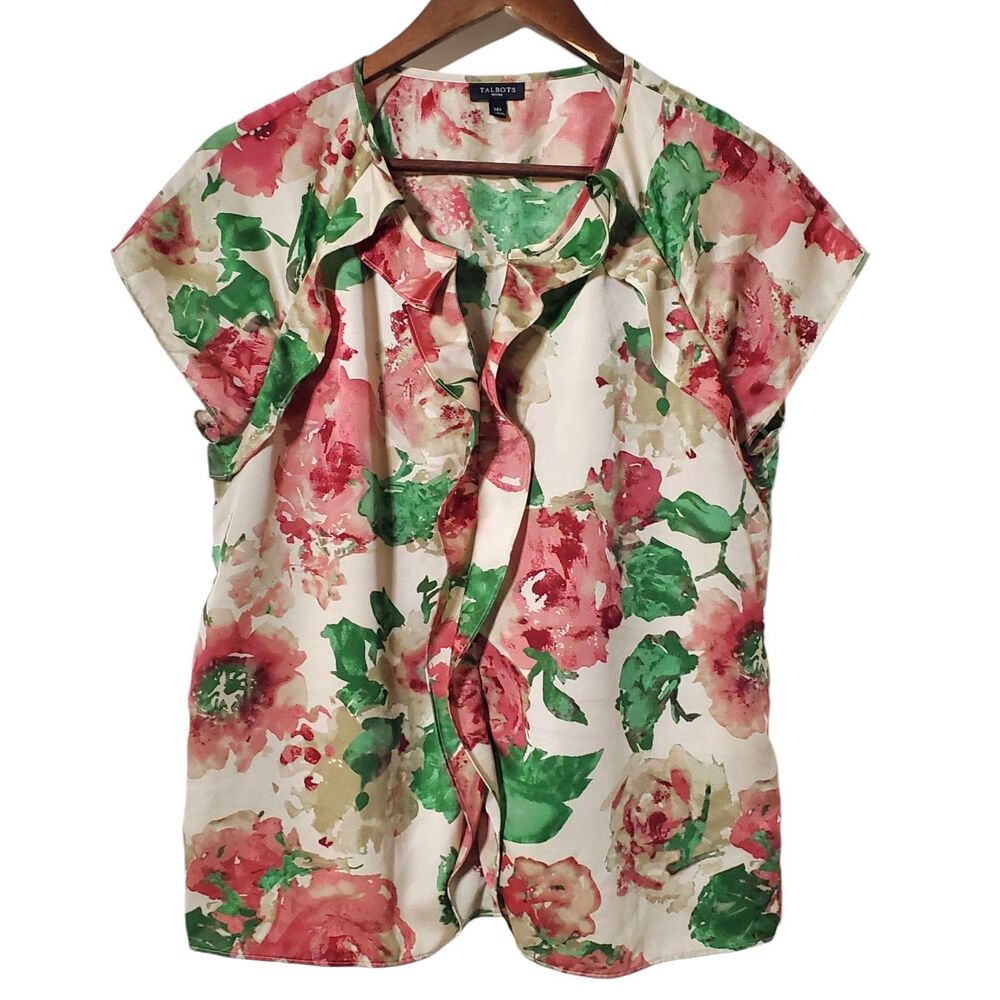 Talbots Floral Blouse 14P Ruffle Neck Grannycore Cottagecore Prairie Soft Womens